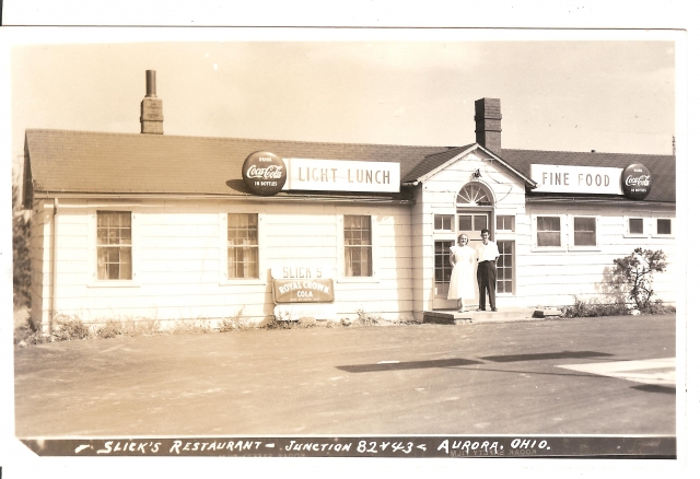 Picture Provided by The Aurora Historical Society: Slicks Restaurant was located next to Slicks Pennzoil gas station on the Northeast corner of the intersection of Routes 43 & 82. Clay Slick was the owner of both establishments. In the late 1950s Clay Sli